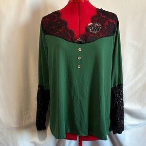 Elegant Green Lace Trim Women's Top XL89